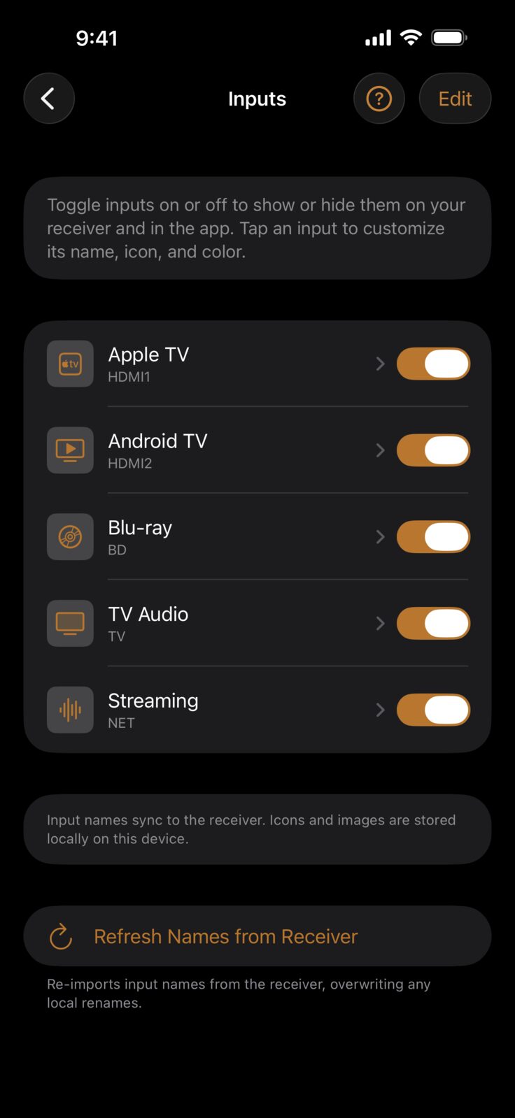 Dirigo's Inputs screen listing Apple TV on HDMI1, Android TV on HDMI2, Blu-ray on BD, TV Audio on TV, and Streaming on NET — each with a custom icon and an on/off switch. A note explains that input names sync to the receiver while icons and images stay on the device, above a Refresh Names from Receiver button.