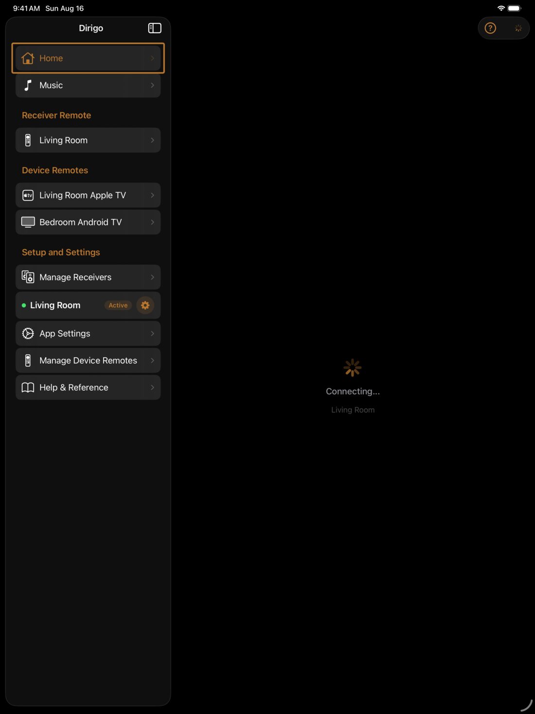 Dirigo on iPad: a sidebar listing Home, Music, the Living Room receiver remote, a Device Remotes section with both the Living Room Apple TV and the Bedroom Android TV, a Zone Selection section showing Main Zone active at volume 45 and Zone 2 off, and setup entries — beside a detail pane showing the Apple TV input on HDMI1 with a now-playing card for Sample Episode, its progress bar and transport controls, the volume slider, Dolby Atmos sound mode, and the same quick actions as on iPhone.