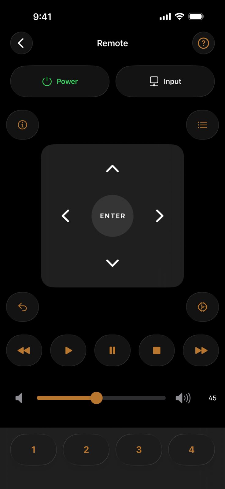 Dirigo's receiver remote screen: a green Power button and an Input button, a directional pad with a centre Enter button, info and menu buttons, rewind, play, pause, stop and fast-forward transport controls, a volume slider at 45, and four Quick Select preset buttons numbered 1 to 4.