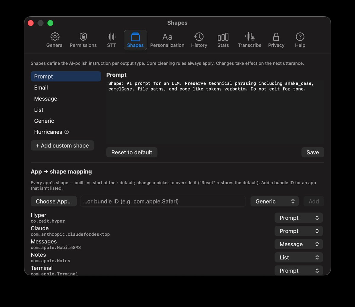 Quoth Shapes settings — editing a shape's instruction and the app-to-shape mapping with an app picker.